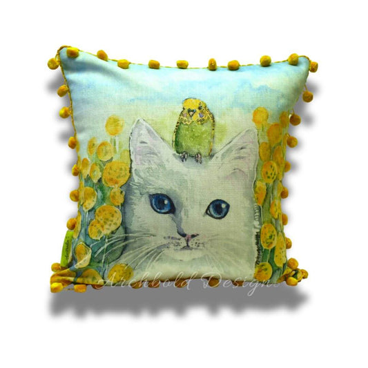 Cat with green budgie Cushion