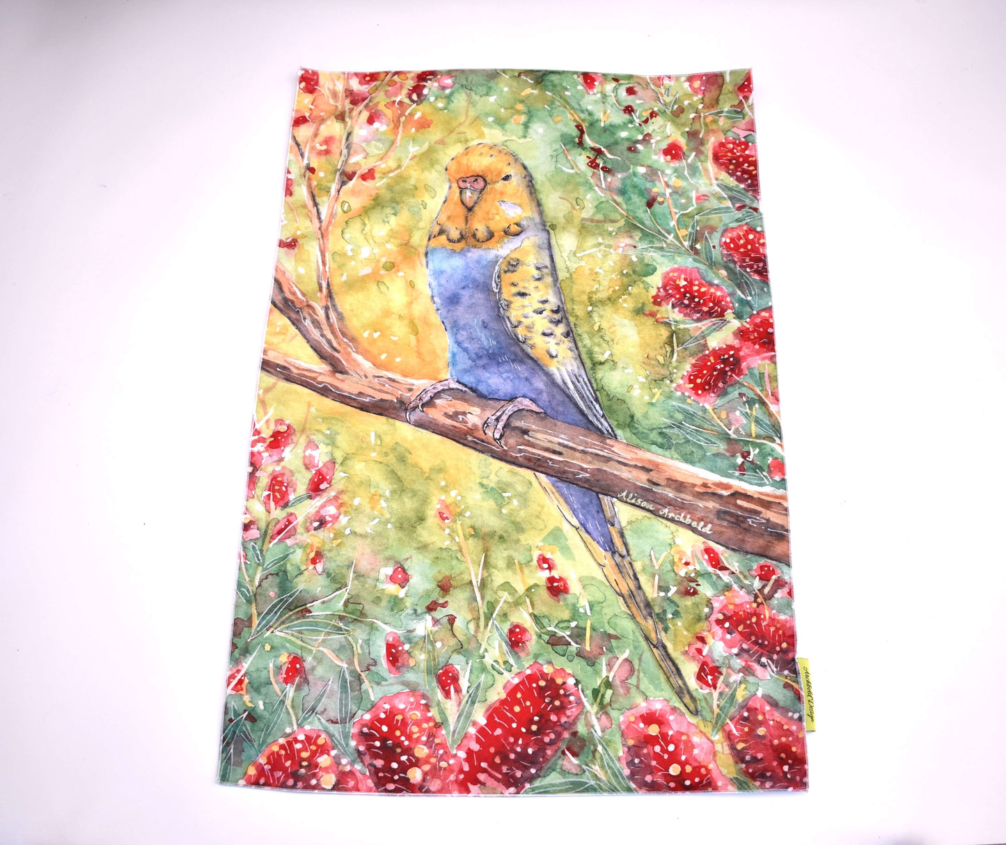 Tea Towel Golden face violet budgie with bottlebrush
