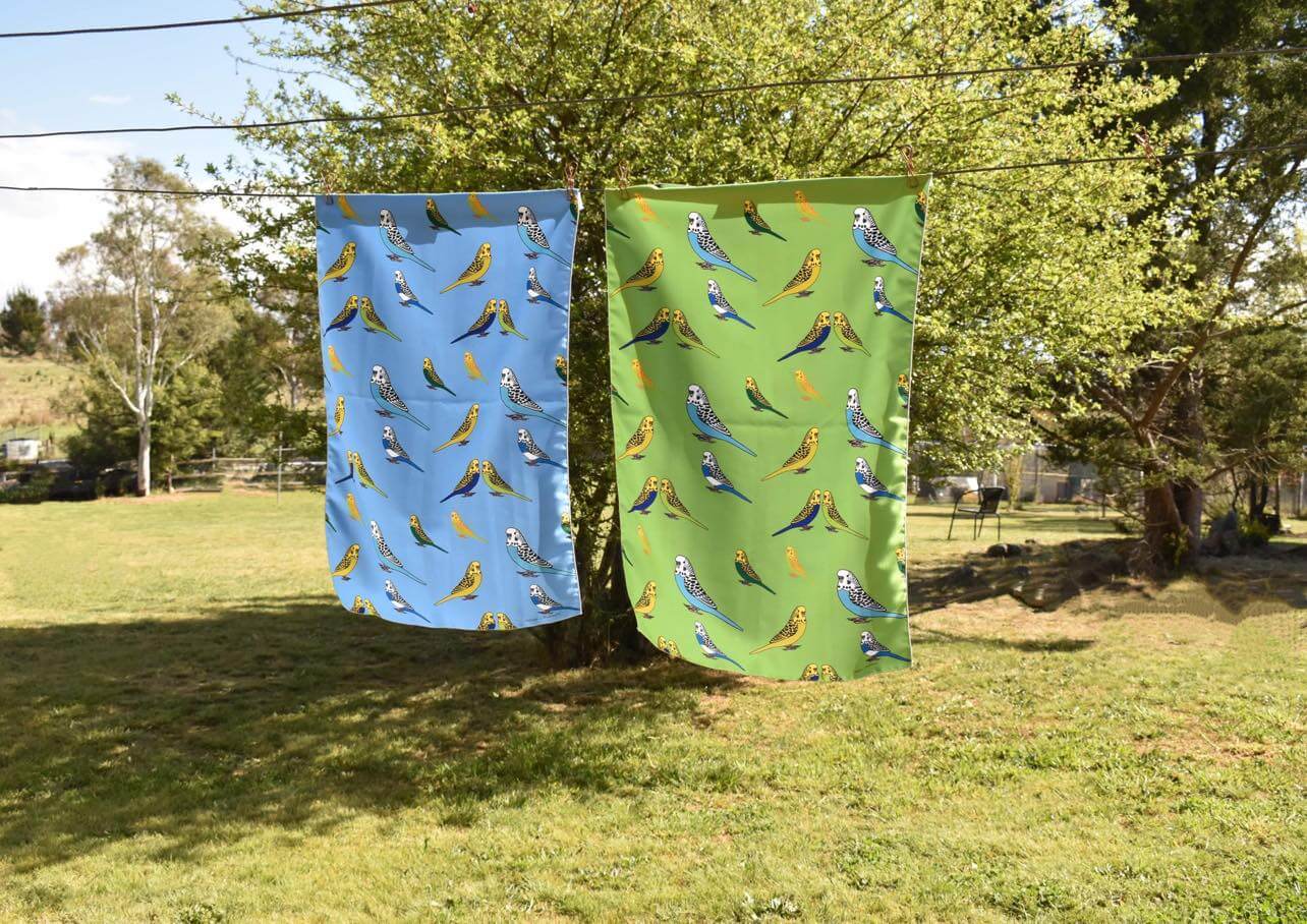 Tea Towel Blue assorted budgies
