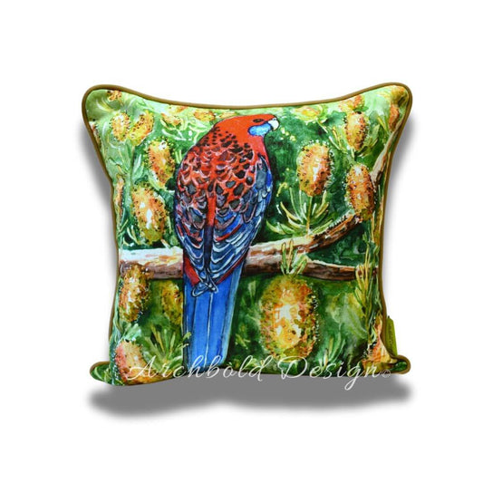 Crimson Rosella & Banksia candles Cushion