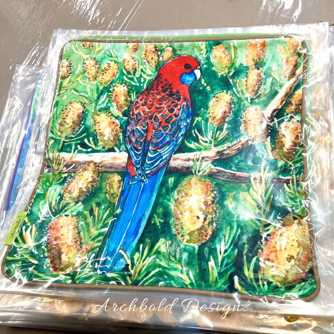 Crimson Rosella & Banksia candles Cushion