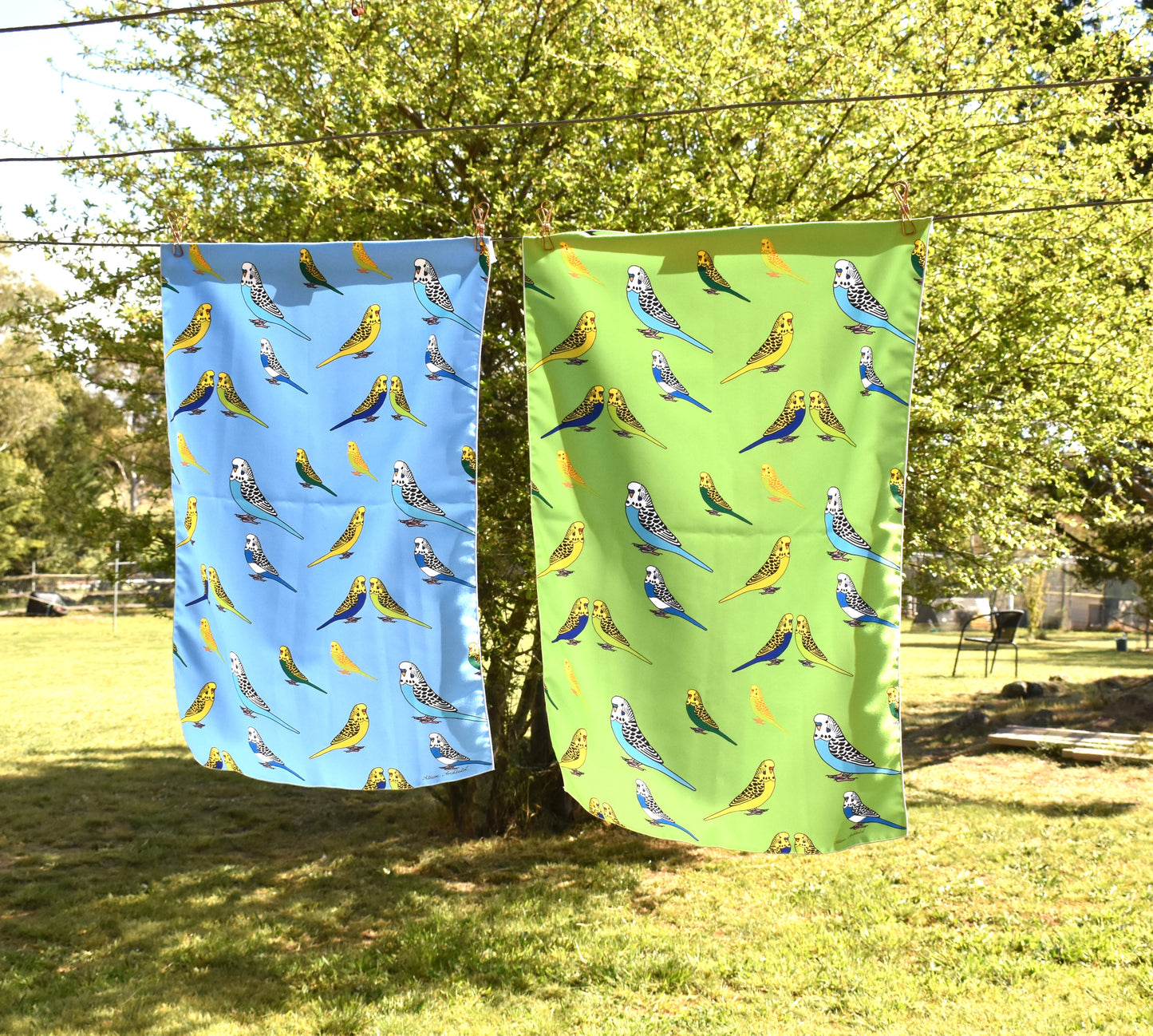 Tea Towel Green assorted budgies
