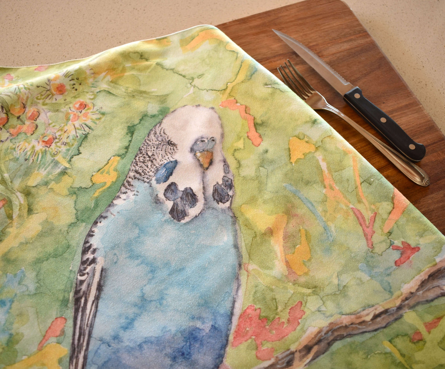 Tea Towel Sky blue budgie with flowering gum