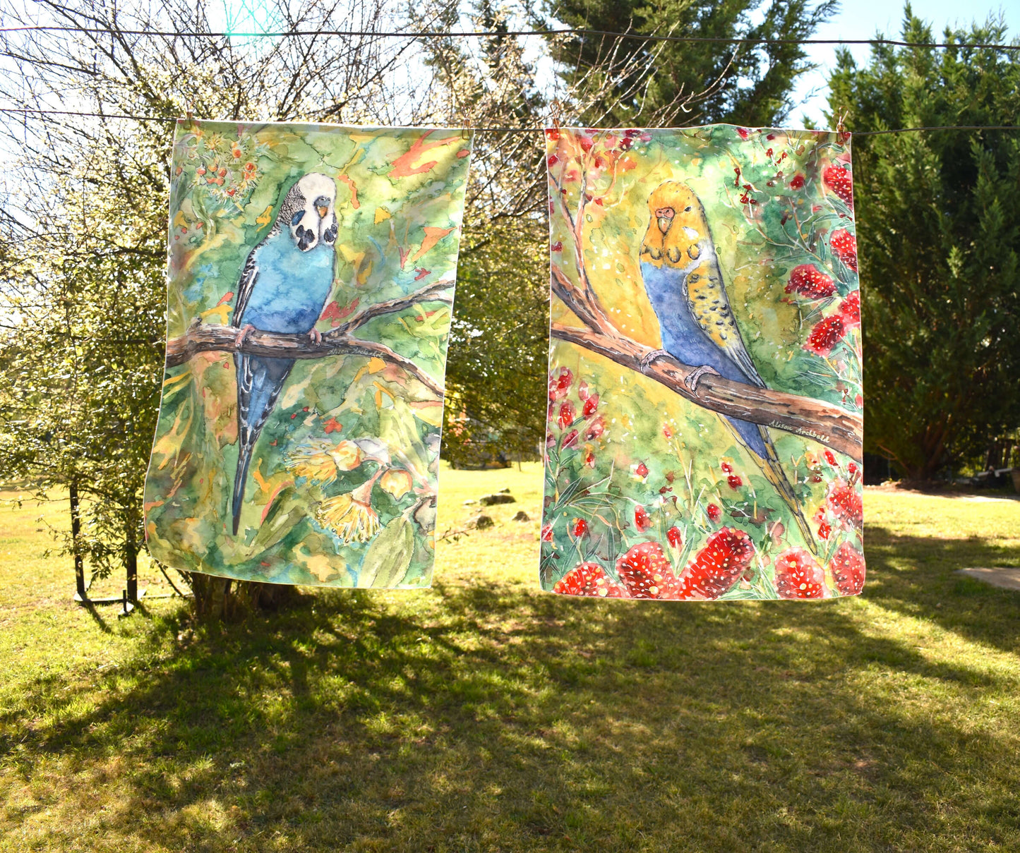 Tea Towel Golden face violet budgie with bottlebrush
