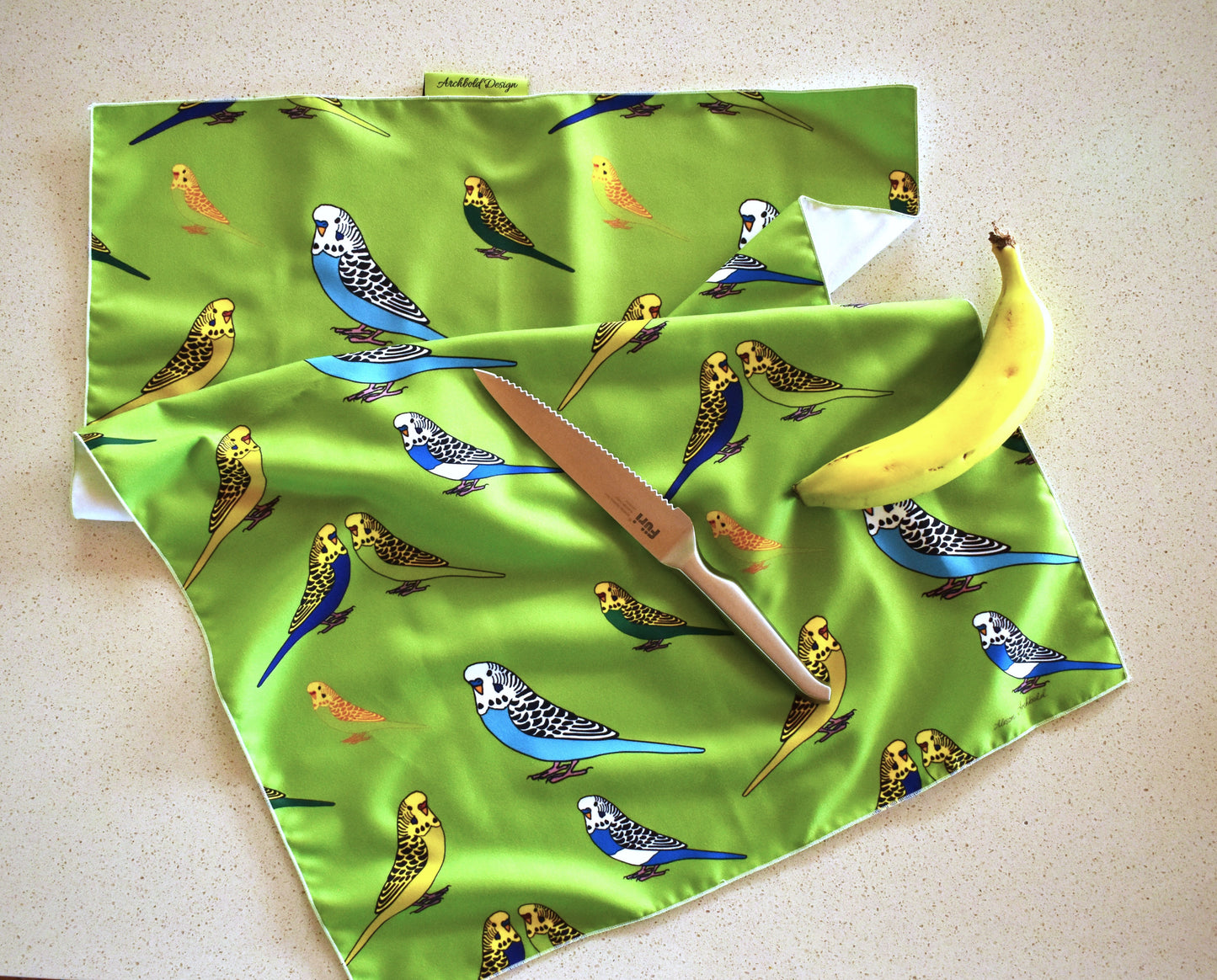 Tea Towel Green assorted budgies
