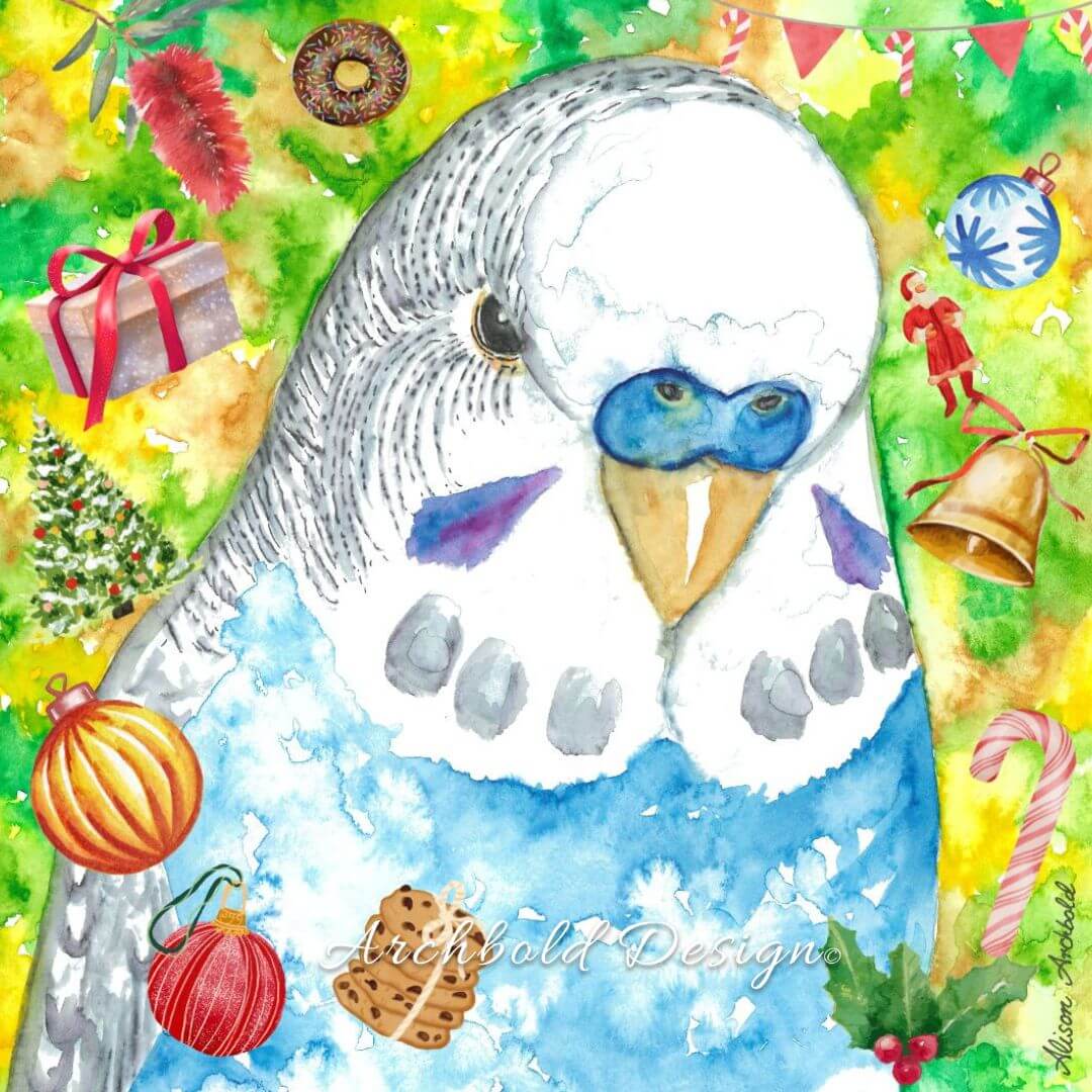 Crazy Christmas Greeting Card Budgie