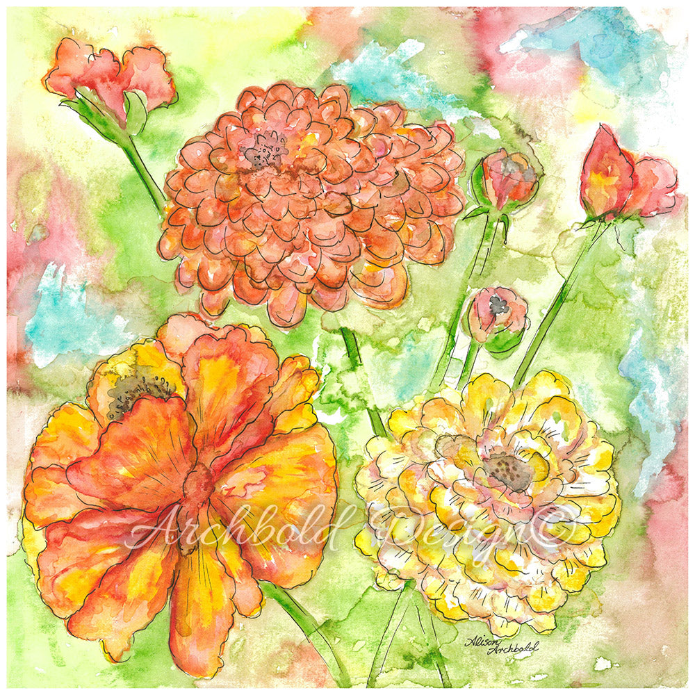 Greeting Card Garden Mixed Floral Bouquet Archbold Design